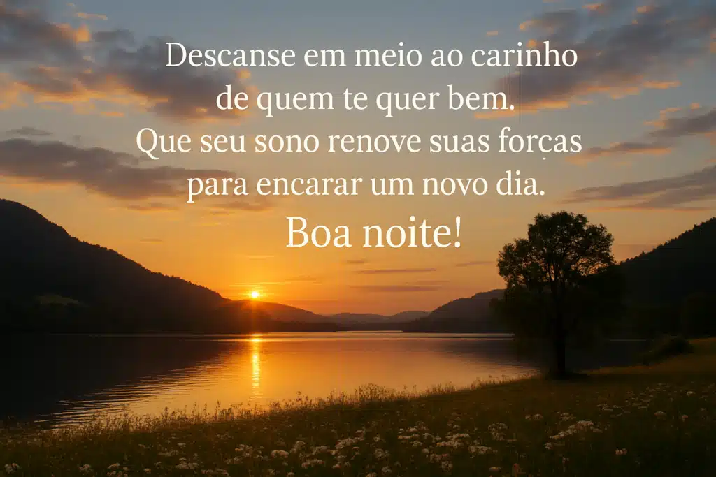 Mensagem de boa noite sobre foto de pôr do sol na natureza