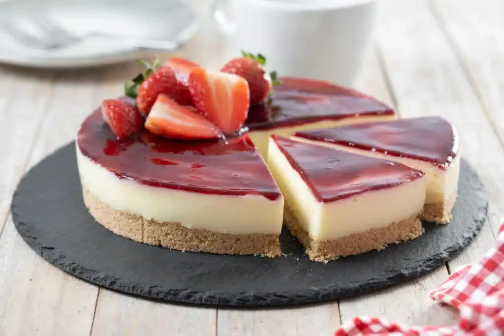 Cheesecake de morango com geleia e base crocante de biscoito.