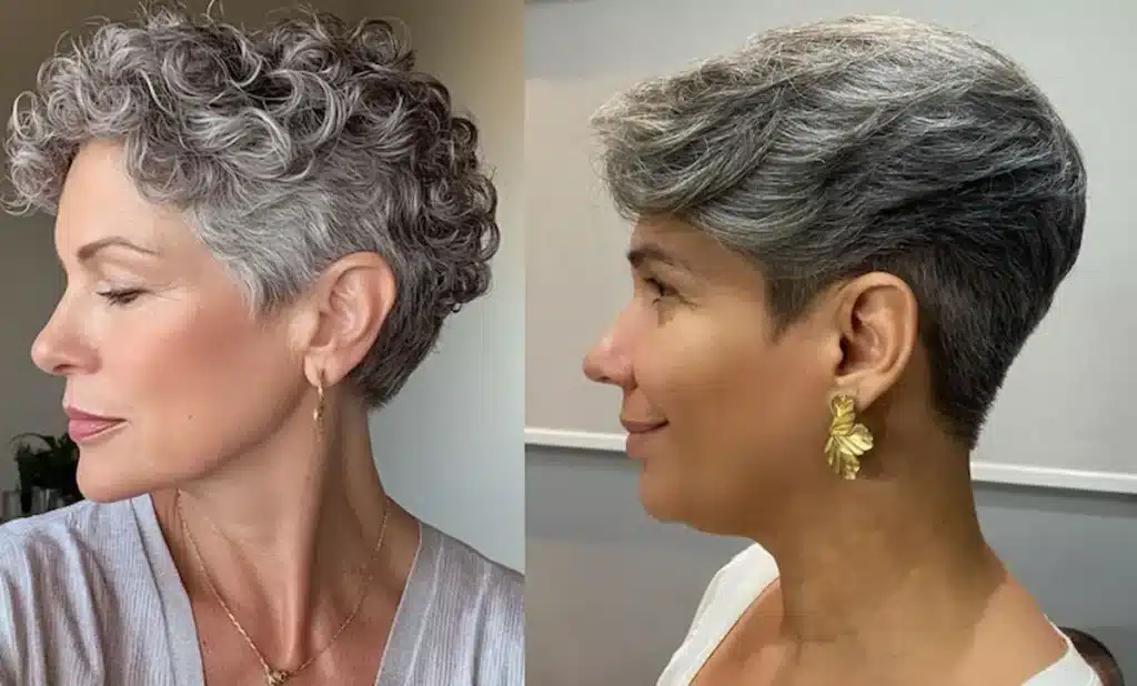 Mulher com cabelo curto estilo pixie, com fios cacheados e grisalhos, mostrando um corte moderno e elegante.