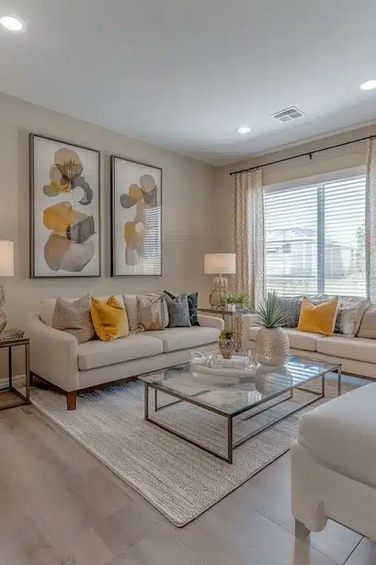 Ambiente de sala de estar decorado com uma paleta de cores neutras e amarelas, com quadros modernos, sofás confortáveis e iluminação suave.