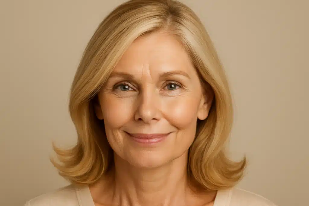 Mulher sorrindo com cabelo loiro e corte moderno, destacando o efeito rejuvenescedor instantâneo proporcionado pela divisão do cabelo para o lado direito.