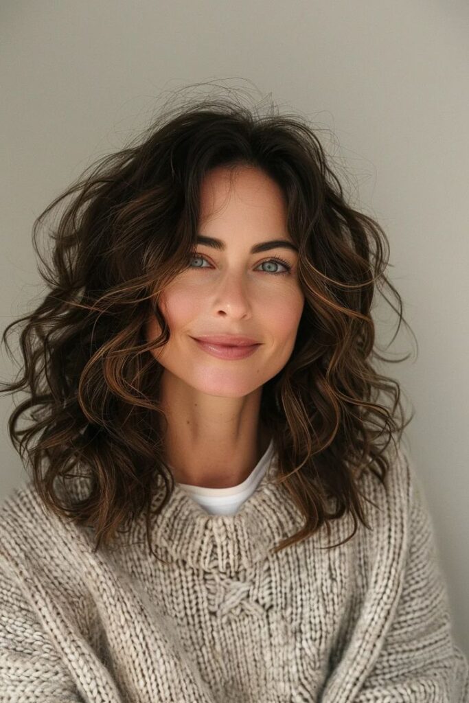 mulher de cabelos ondulados e castanhos com corte repicado