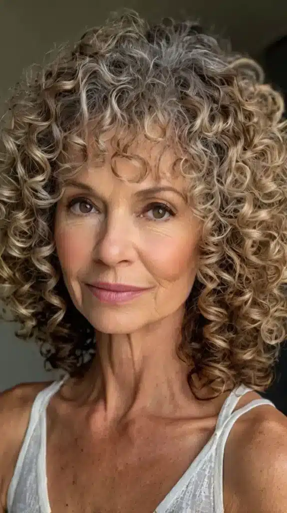 Mulher com 50+ com cabelo cacheado e franja curta levemente desfiada.