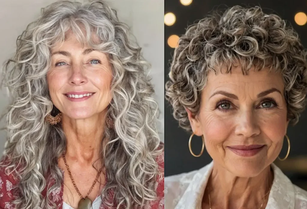 Mulher com cabelo cacheado usando franja, estilo moderno e leve, após os 50 anos.