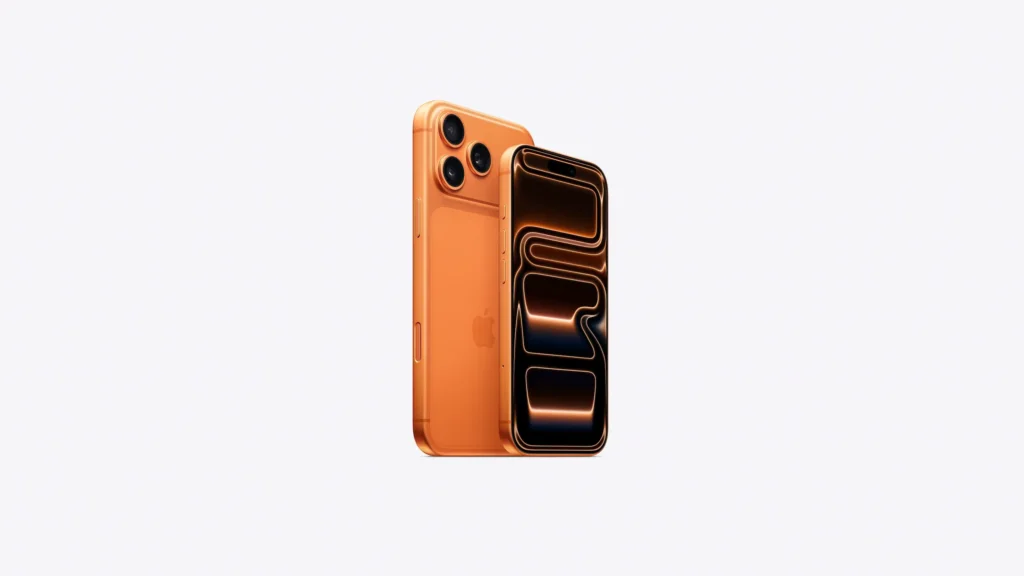 Imagem do iPhone 17 Pro na cor laranja, mostrando as câmeras traseiras e a tela com design moderno.