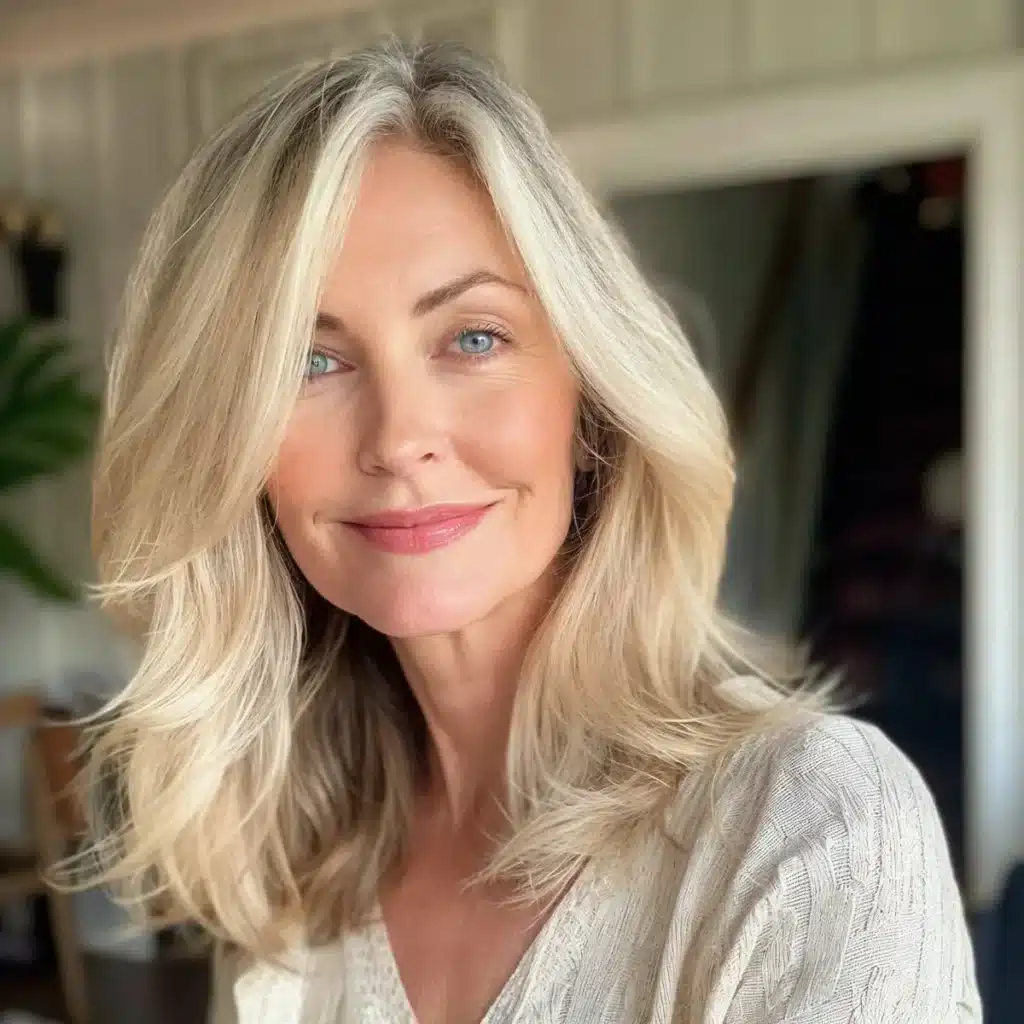 Mulher com cabelo loiro manteiga, estilo suave, cobrindo fios grisalhos.