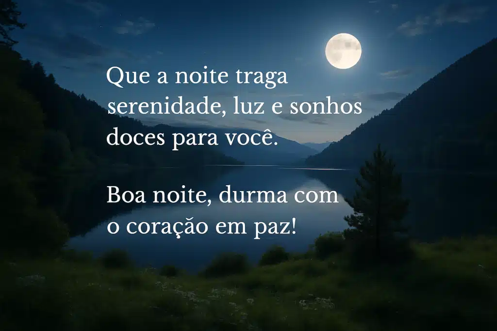 Mensagem de boa noite sobre fundo de lago e montanhas ao luar.