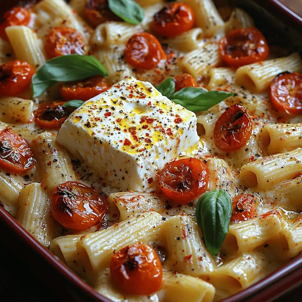 Macarrão com queijo feta assado e tomates cereja, prato cremoso e saboroso