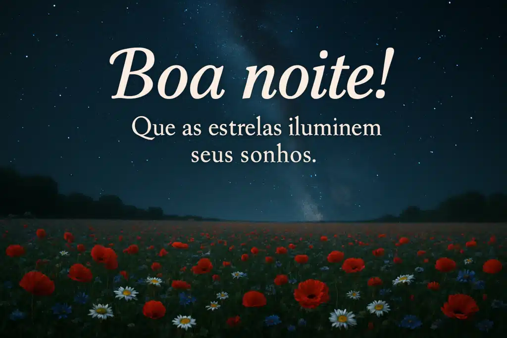 Mensagem de boa noite com campo de flores sob um céu estrelado.