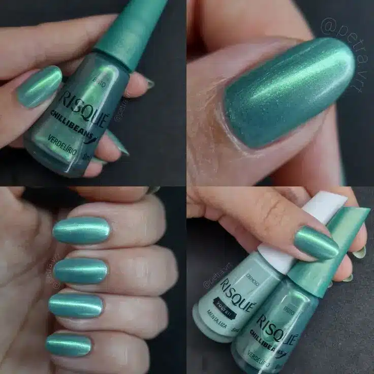 Unhas com esmalte Risqué Mentaliza e Verdelírio combinados
