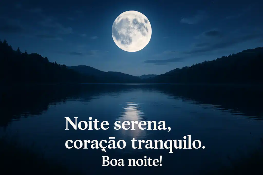 Lua cheia brilhando sobre um lago à noite com mensagem de boa noite