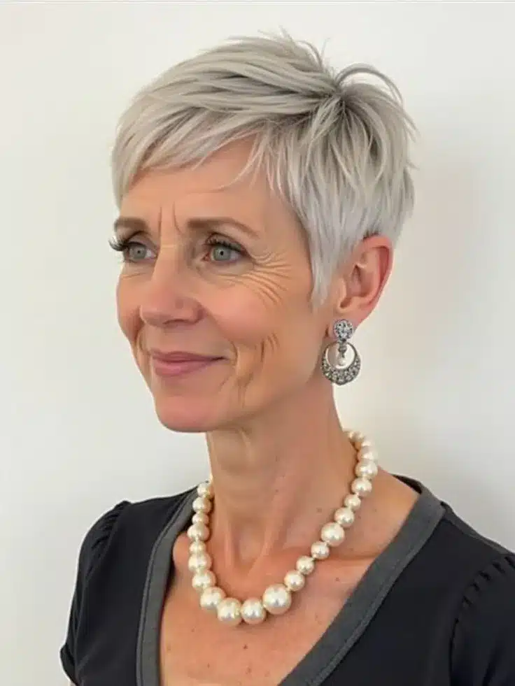 Corte de cabelo pixie arredondado em mulher de cabelos platinados, usando acessórios de pérolas e brincos de strass.