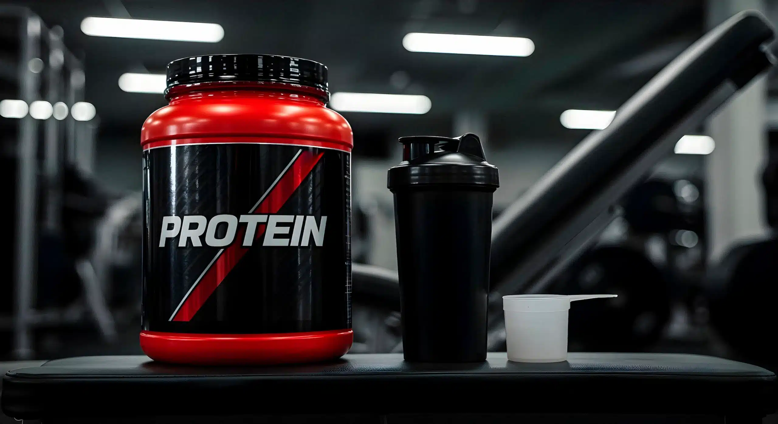 Pote de whey protein, suplemento utilizado por idosos para melhorar a saúde muscular.