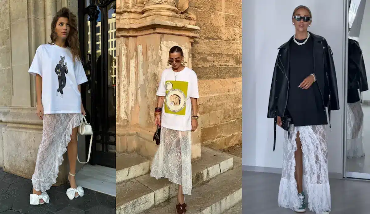 Mulheres usando t-shirts e saias de renda, um look casual e moderno com elementos de alta costura.