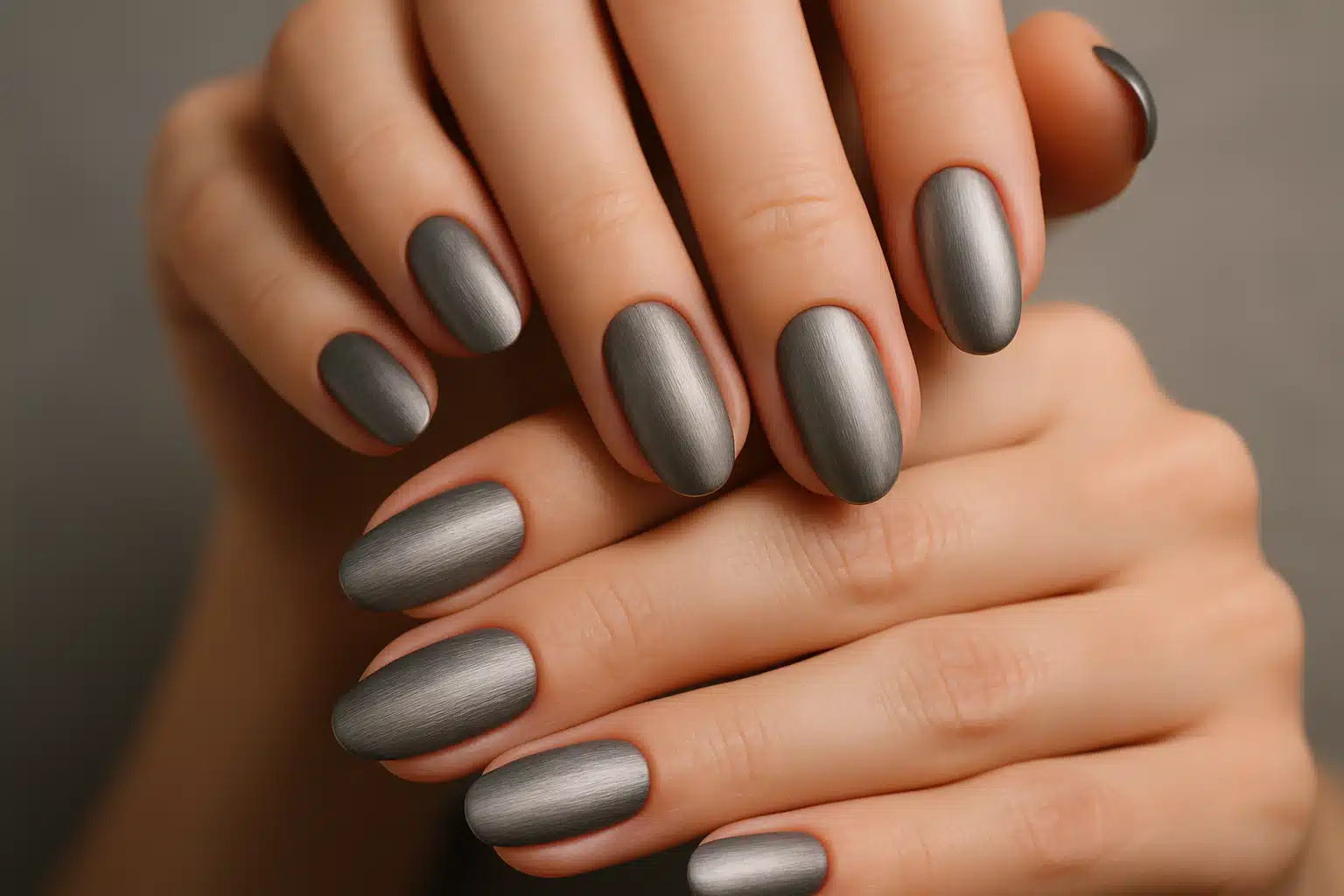 Unhas decoradas com esmalte efeito aço escovado, tendência sofisticada de 2025