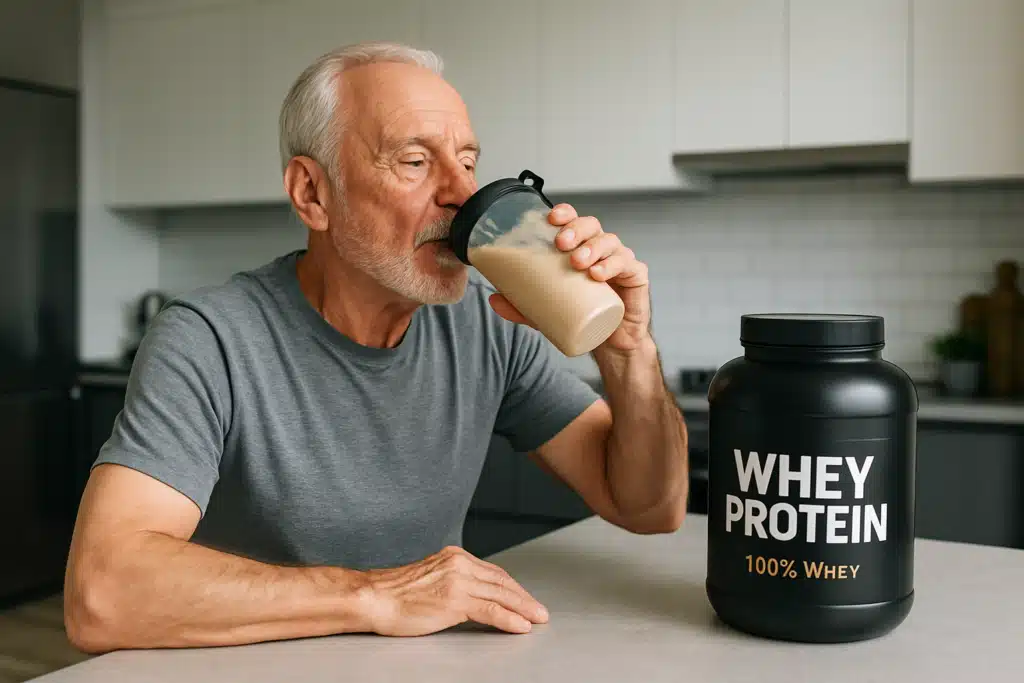 Idoso bebe shake de whey protein na cozinha