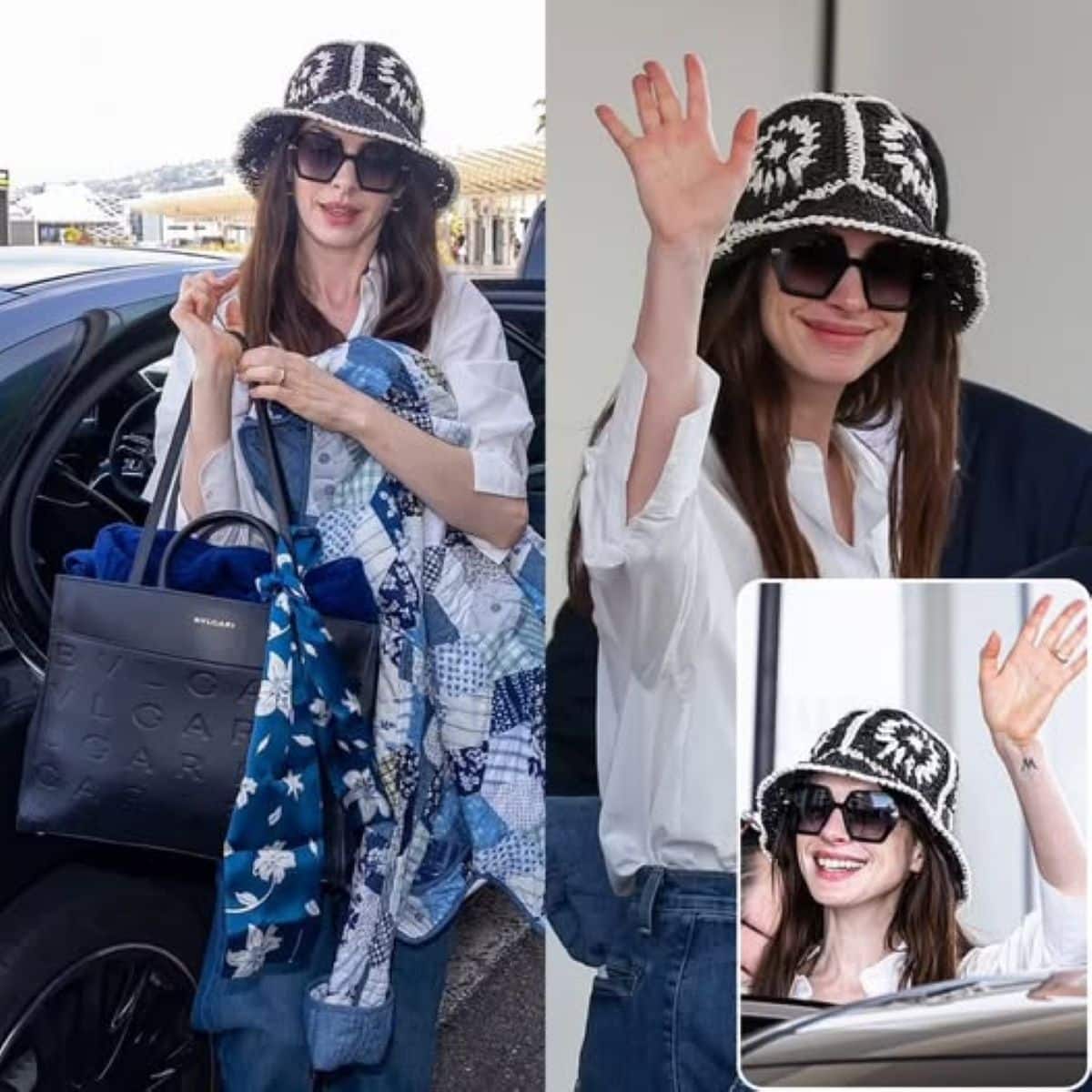 Anne Hathaway usando chapéu bucket de crochê preto e branco, óculos de sol e camisa branca, acenando para fãs. Celebra a tendência do crochê na moda casual de celebridades.