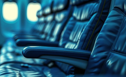 Fileira de assentos de couro azul escuro em interior de avião