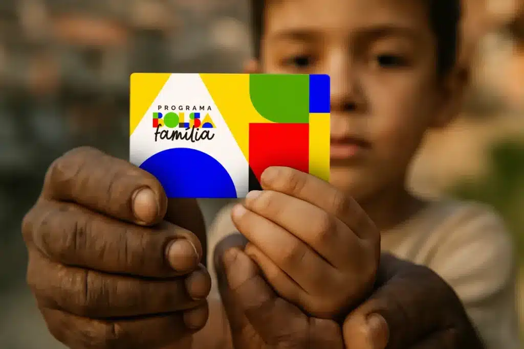 Cartão do programa Bolsa Família sendo segurado por mãos de uma criança e um adulto, simbolizando a concessão de benefícios.