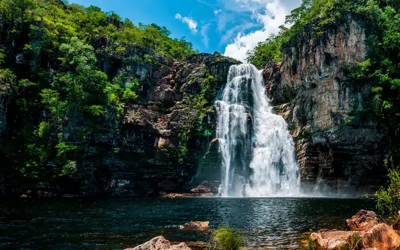 Cachoeira na Chapada dos Veadeiros, Goiás, cercada por vegetação densa e natureza vibrante.