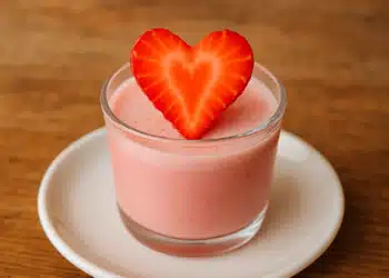 Sobremesa cremosa rosa em copo com fatia de morango em formato de coração sobre prato branco