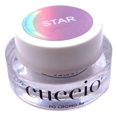 Pó cromo Cuccio Star para unhas em pote transparente com tampa branca e rótulo colorido