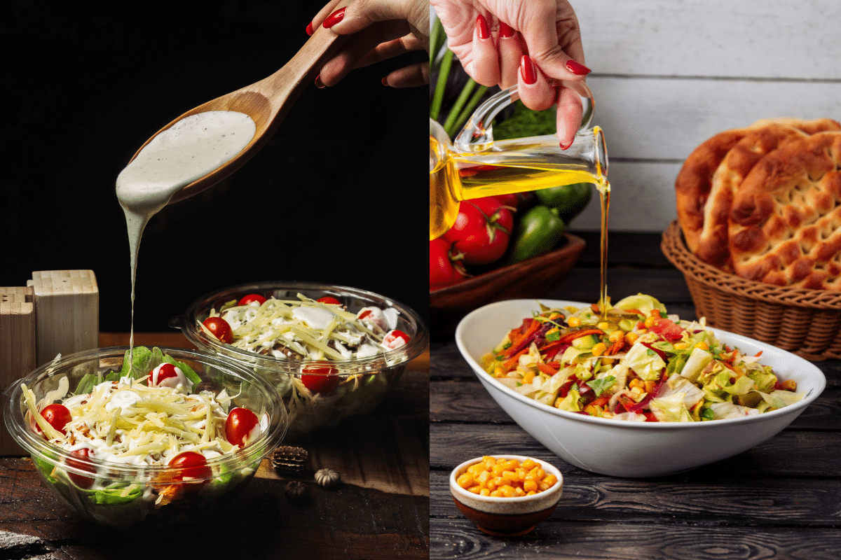 Imagem dividida com uma pessoa regando salada com molho cremoso e outra com azeite, mostrando a preparação de uma salada colorida e fresca.
