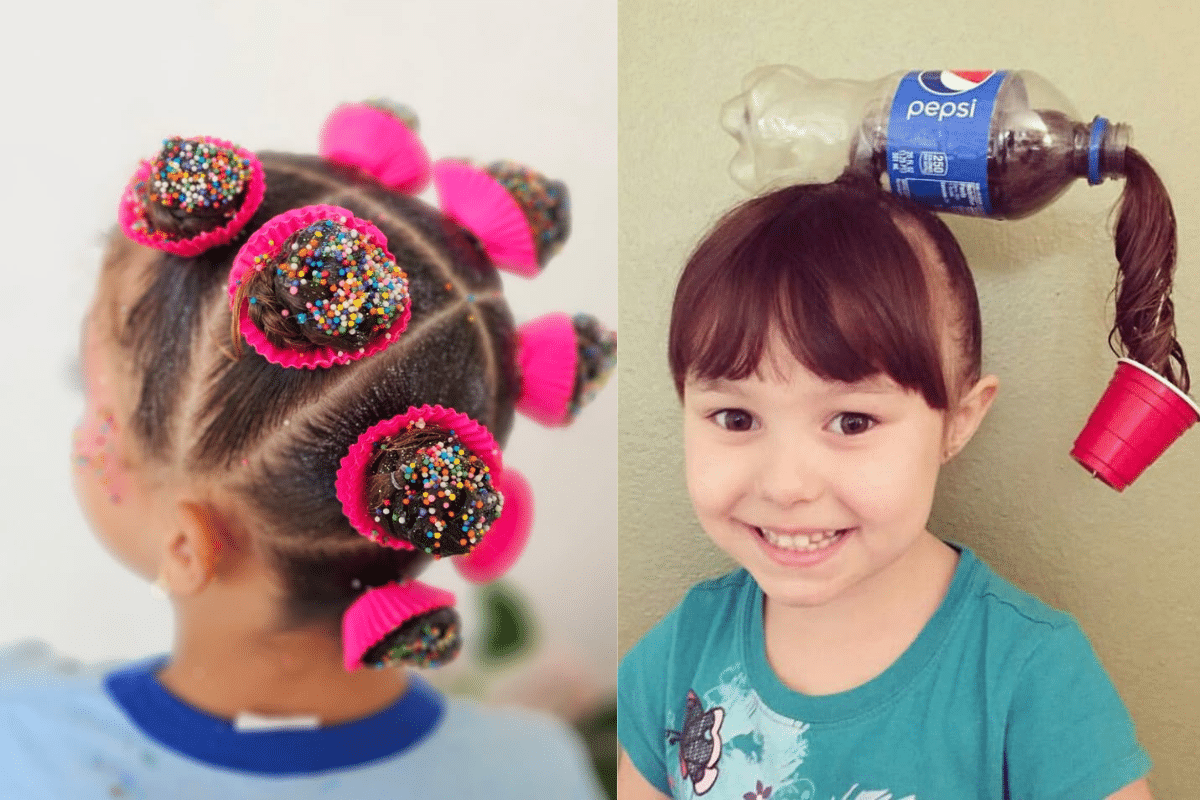 Imagem dupla de cabelo maluco: à esquerda, penteado de mini bolinhos (cupcakes) com granulado; à direita, cabelo com garrafa de refrigerante e copo pendurado, ideias criativas para meninas na escola.