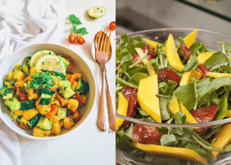 Duas saladas coloridas com manga abobrinha e rúcula ideais para uma receita tropical e saudável