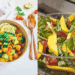 Duas saladas coloridas com manga abobrinha e rúcula ideais para uma receita tropical e saudável