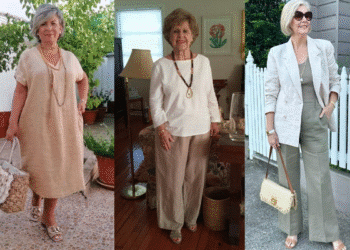 Três mulheres maduras exibindo looks modernos em tons neutros, como bege, cáqui e off-white. Imagem ilustra roupas elegantes que rejuvenescem o visual de quem tem mais de 60 anos, com peças em linho, calça pantalona e blazer.
