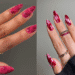 Duas mãos com unhas stiletto alongadas em tons de rosa e vermelho, apresentando a nail art em efeito mármore e rosas.