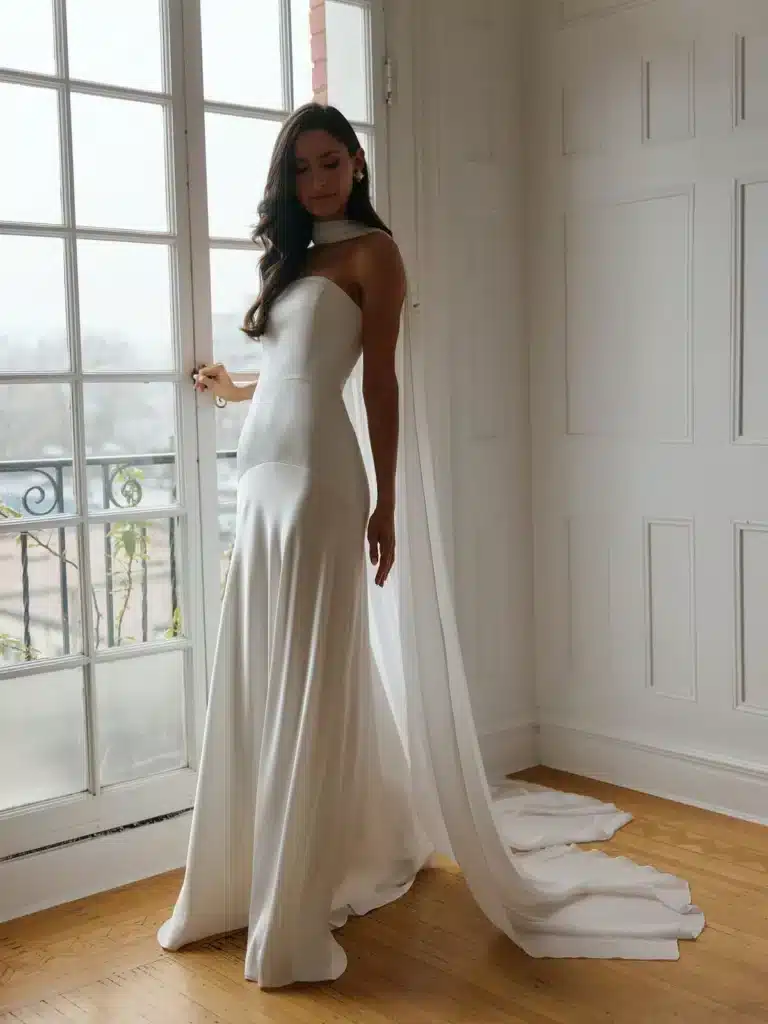 Modelo usando um vestido branco elegante com uma echarpe fluida, adicionando um toque de glamour e movimento ao look minimalista.