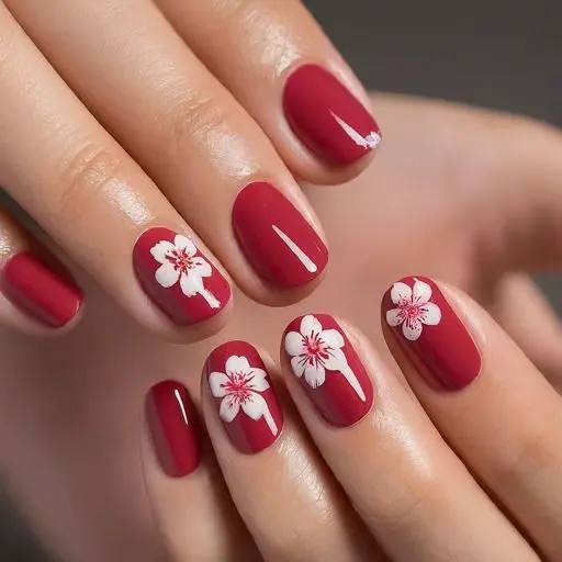 Esmalte escuro com flores brancas delicadas nas unhas