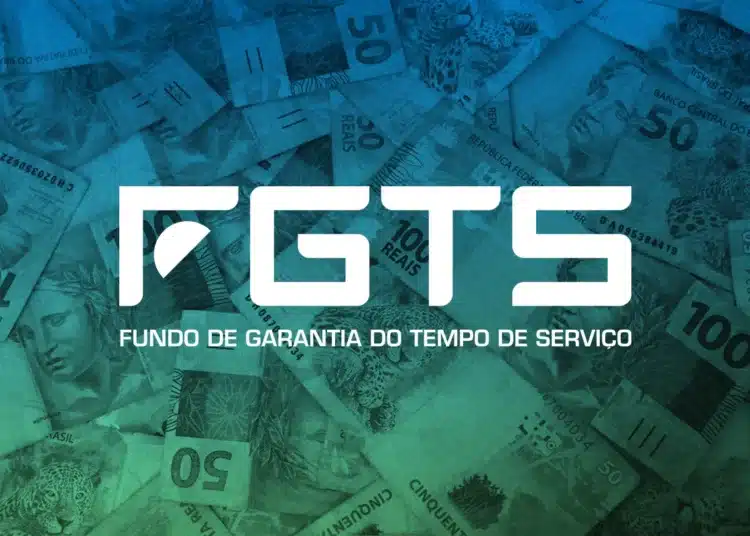 Logo do FGTS sobreposto a cédulas de reais, representando as novas regras do Fundo de Garantia