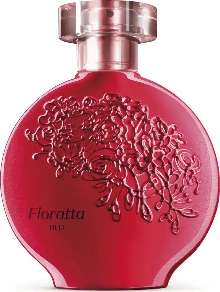  Frasco do perfume Floratta Red de O Boticário, na cor vermelha intensa com detalhes em relevo de flores, ideal para fragrâncias florais da primavera.
