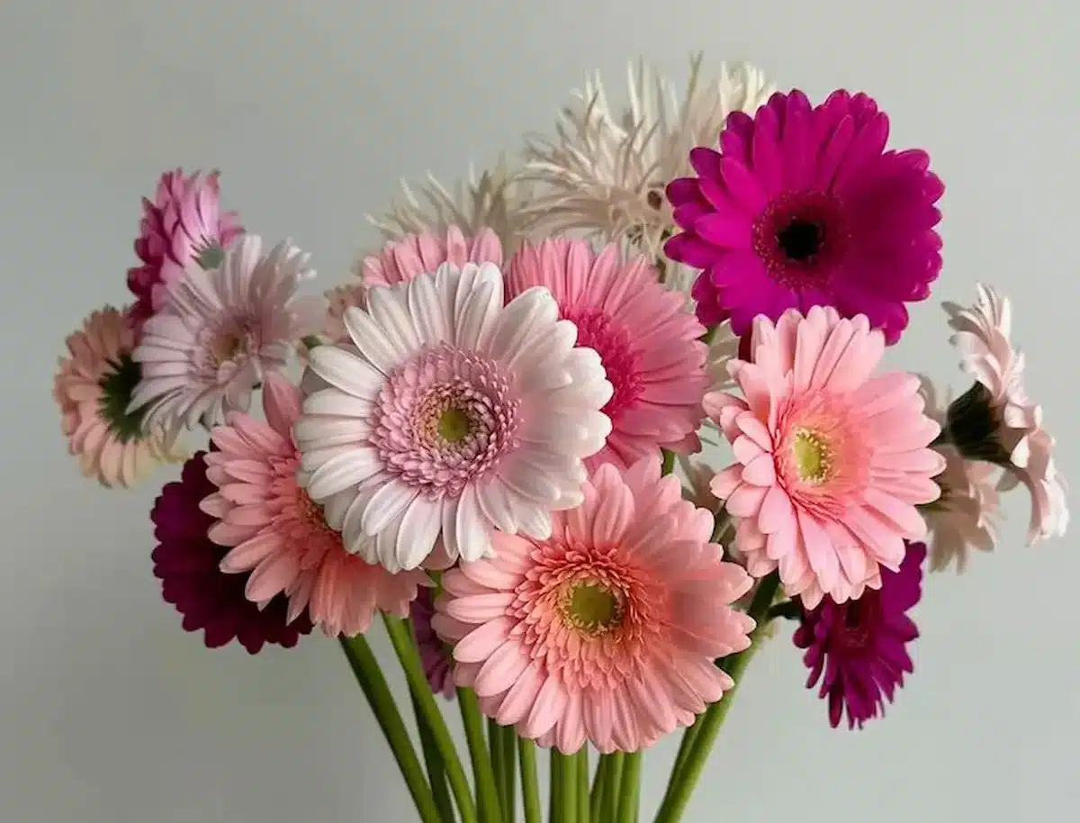 Flores coloridas de Gérbera em um vaso transparente, com tons de rosa e roxo, perfeitas para decorar na primavera.