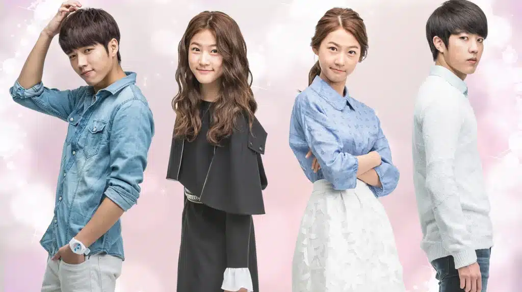 Elenco principal do dorama Hi! School: Love On posando lado a lado com fundo rosa brilhante.