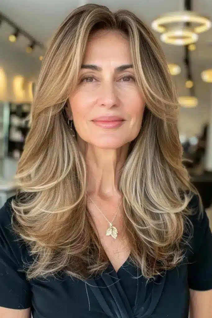 Mulher com corte de cabelo longo repicado, dando um visual moderno e fluido.