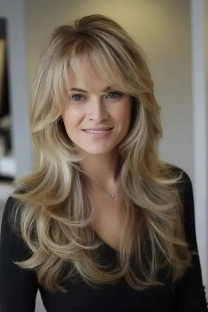 Mulher com cabelo longo, repicado e franja, em estilo moderno e delicado.