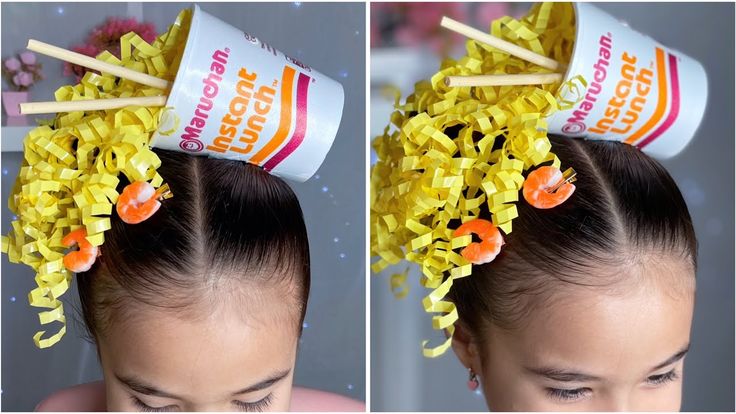 Penteado de Cabelo Maluco com copo de macarrão instantâneo (Cup Noodles) e "miojo" caindo (feito com papel crepom amarelo), decorado com prendedores em formato de camarão.