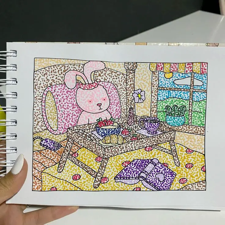 Ilustração pontilhada de um coelho em um cenário acolhedor, utilizando a técnica de pontilhismo para criar texturas suaves e cores vivas.