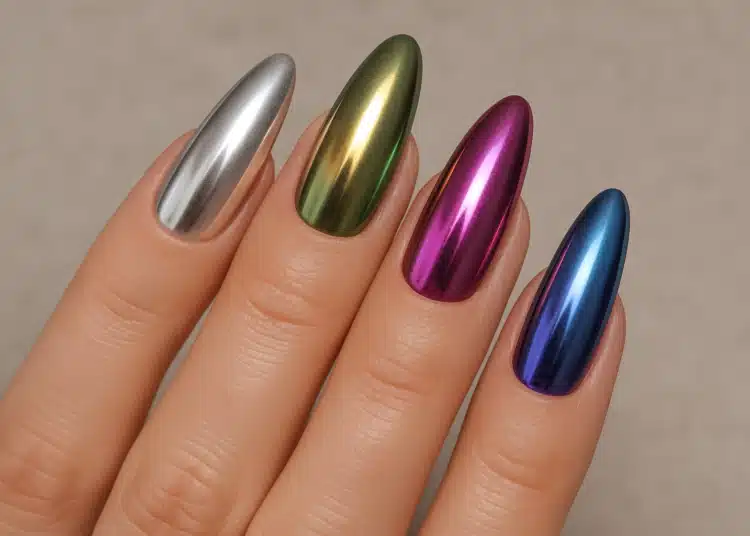 Unhas longas e ovais com esmaltação cromada multicolorida