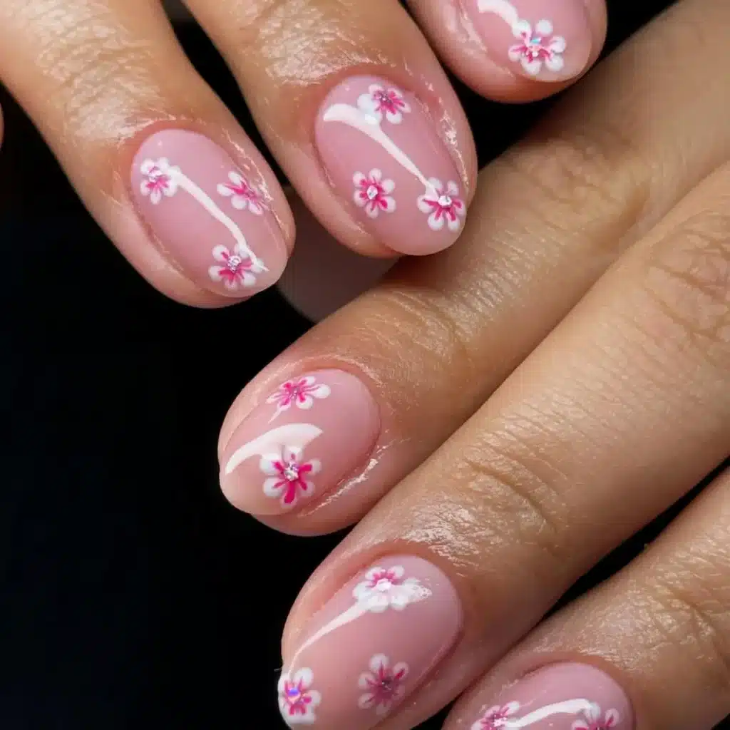 Unhas decoradas com flores delicadas em fundo nude claro.