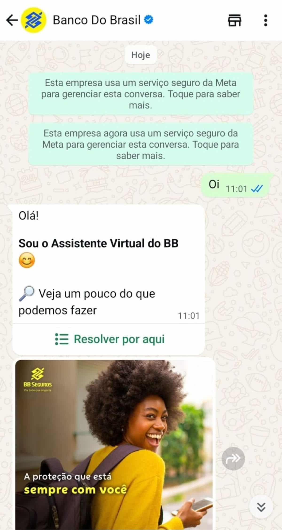 Captura de tela mostra o início da conversa com o Assistente Virtual do Banco do Brasil no WhatsApp, detalhando o acesso ao novo Pix por foto.