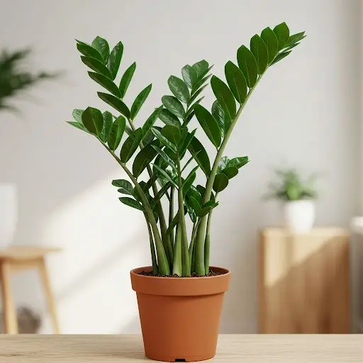 Planta Zamioculca com folhas brilhantes e verde-escuras em vaso de terracota, ideal para ambientes internos com pouca luz..