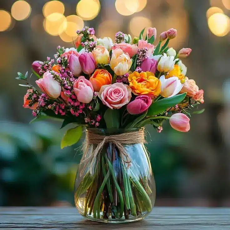 Arranjo colorido de flores do campo com tulipas, rosas e margaridas em um vaso de vidro, destacando tons de rosa, laranja e amarelo.