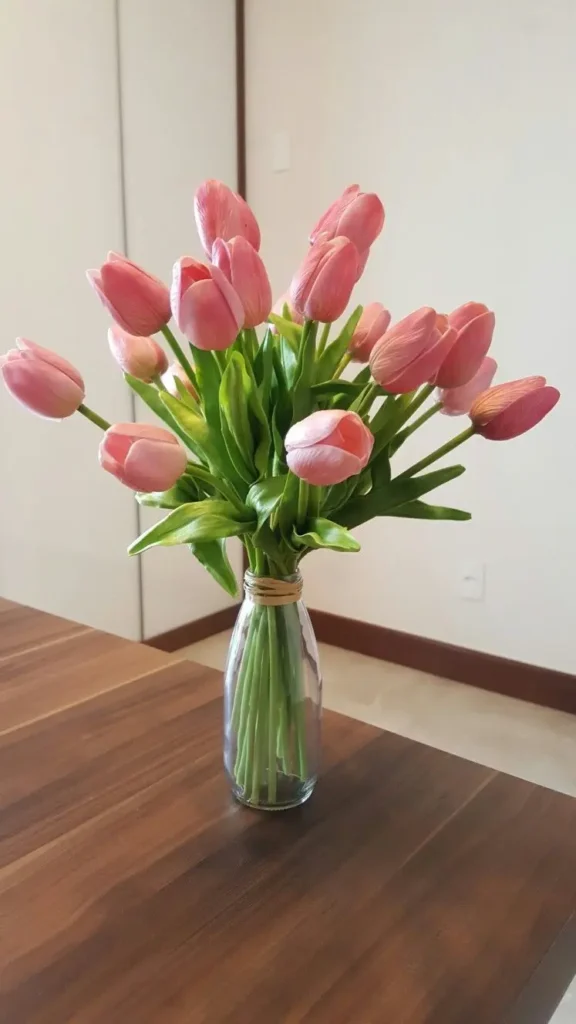 Arranjo de tulipas cor-de-rosa em vaso simples, criando uma composição monocromática e elegante.
