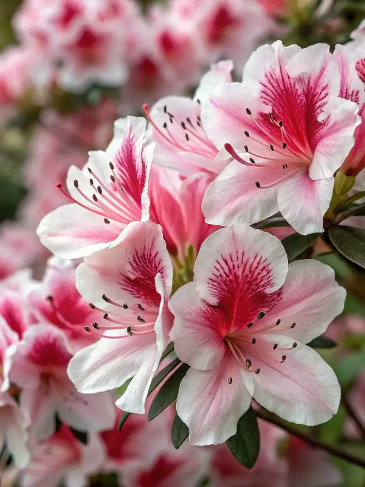 Flores de azaleia rosa e branca com detalhes vermelhos e amarelos.