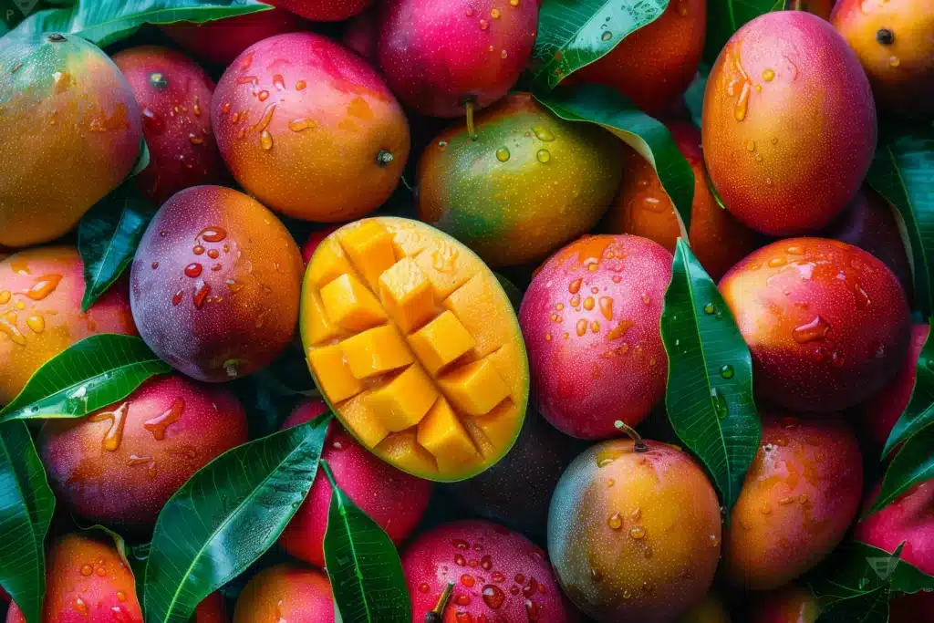 Manga fresca e cortada, mostrando cubos de polpa, cercada por outras mangas maduras e folhas verdes.